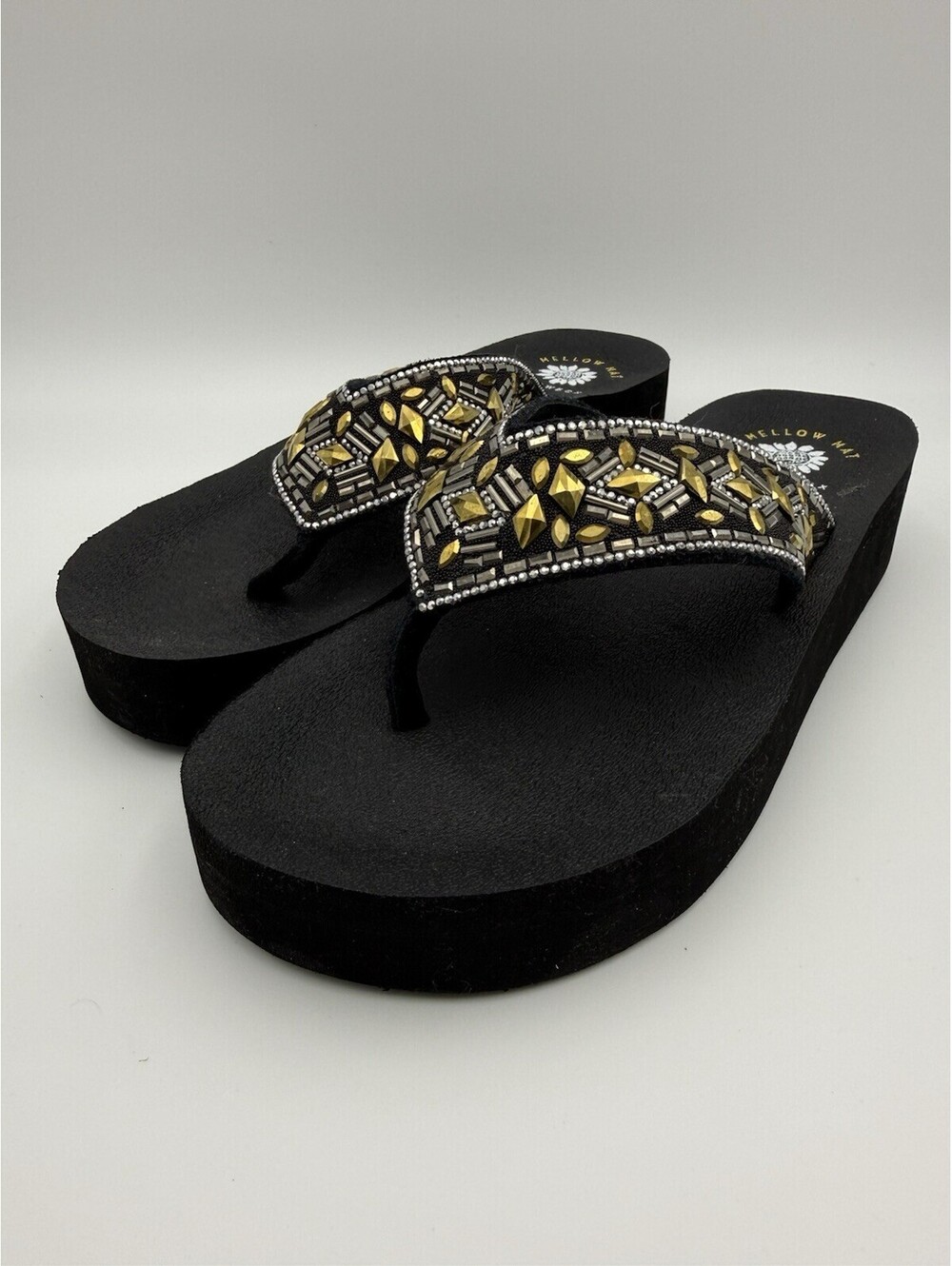 YELLOW BOX Blaine Wedge Sandal Women’s Black Silver Gold Sz 7.5 NIB